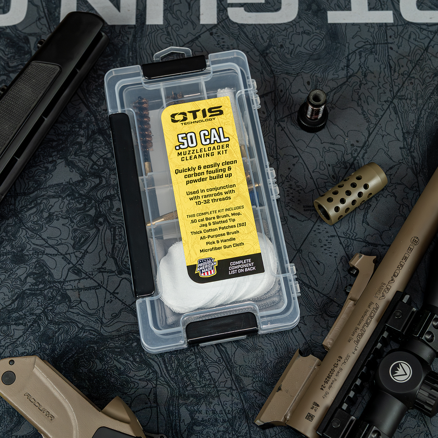 Image of Otis Technology .50 Caliber Muzzleloader Cleaning Kit on a gun bench