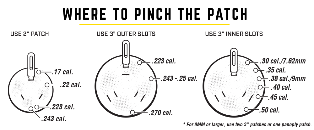 Where to pinch the Otis patch How to tie an Otis gun cleaning patch - pinch positions by caliber